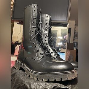 ASOS DESIGN high lace up boot in black leather with chunky sole